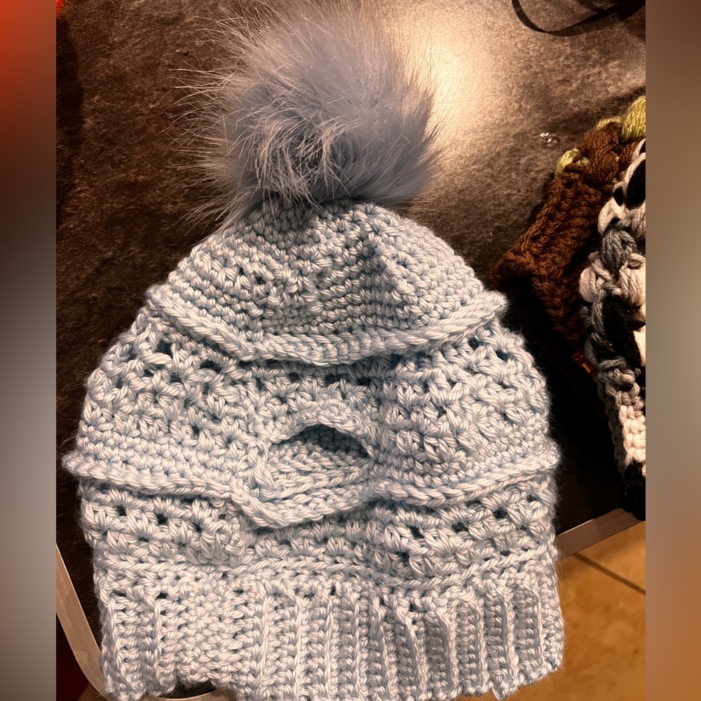 Handmade crochet back ponytail beenie with removable pompom